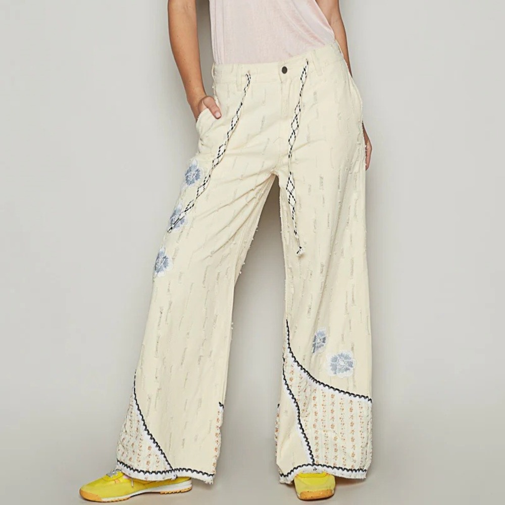 POL Clothing Cream Patchwork Distressed Wide Leg Pants Floral GWP24 Womens L